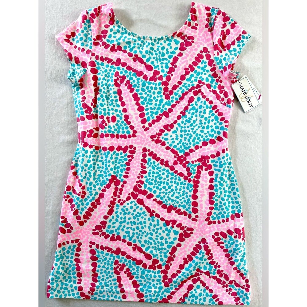 Mahi Gold Starfish Print Shift Dress Pink Blue Short Sleeve Women’s Large NWT